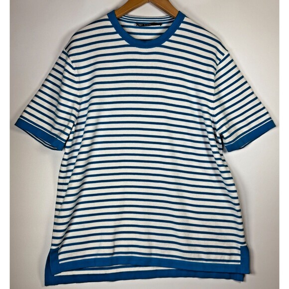 Mr Turk Striped Cotton Sweater Tee Blue White Crewneck Knit Luxury Resortwear